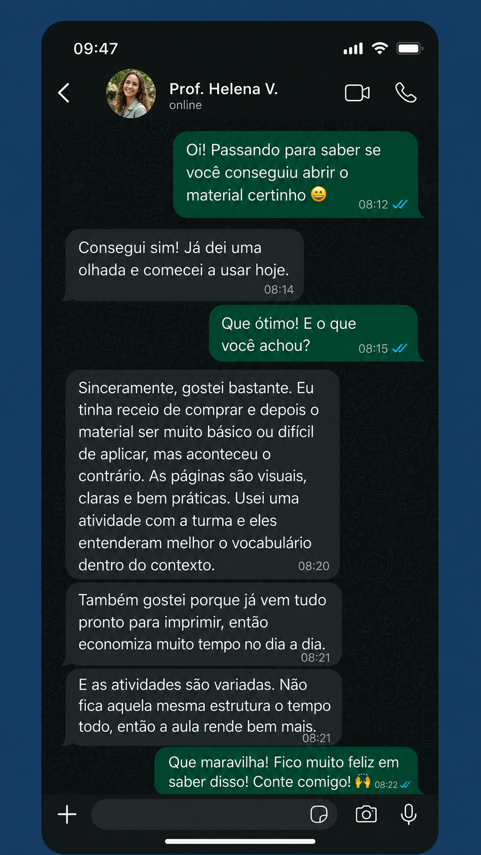 Depoimento em conversa no WhatsApp sobre Vocabulário e Leitura em Inglês